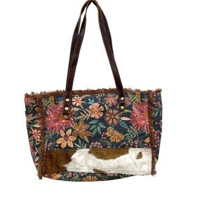 Myra Bag Trozen Floral Print Tote Shoulder Bag Brown Canvas Leather Womens